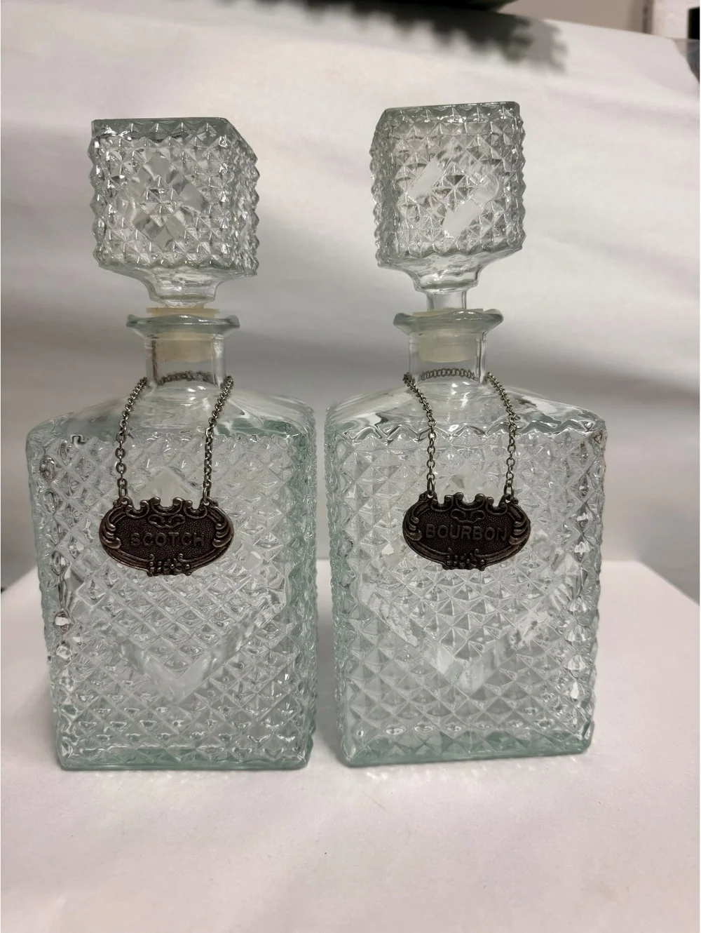 Vintage MCM Cut Glass Decanter Set with Scotch and Bourbon Tags